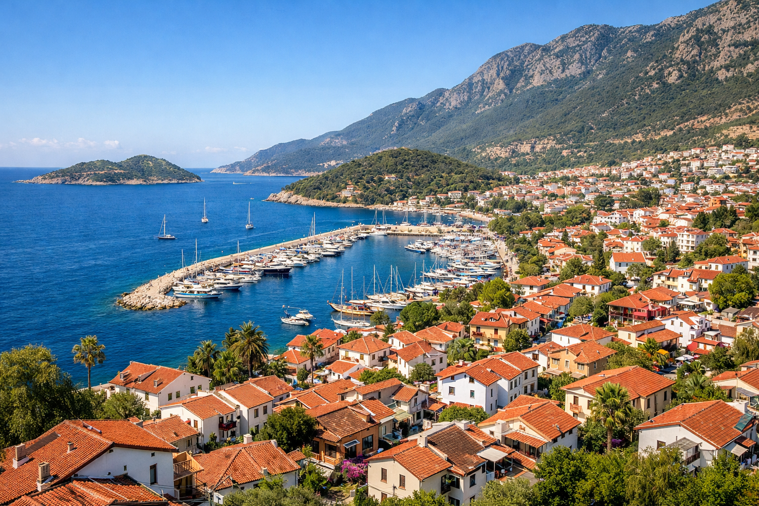 Kas kasabasi deniz ve dag manzarasi